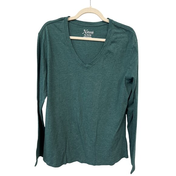 Natural Reflections V Neck Long Sleeve T Shirt Women XL Green Cotton Blend Basic - Picture 1 of 6